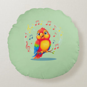 **Singing Parrot – Cute Parrot Singing Illustratio Round Cushion