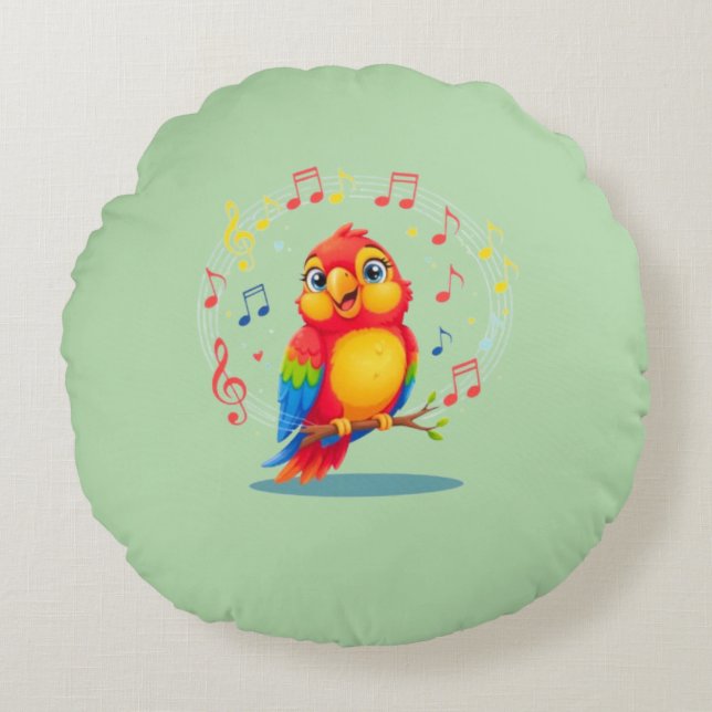 **Singing Parrot – Cute Parrot Singing Illustratio Round Cushion (Front)