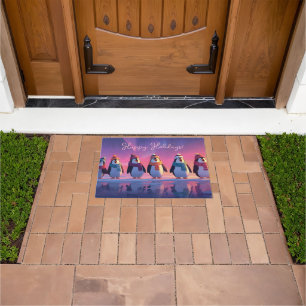 Singing Penguins Under a Vibrant Arctic Aurora Doormat