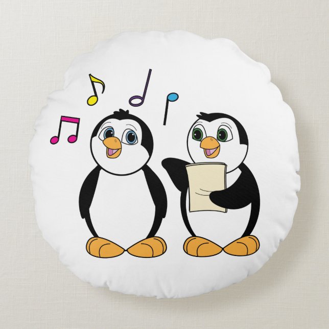 Singing Penguins with Music and Notes Round Cushion (Front)