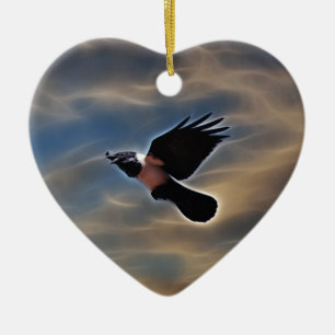 Singing raven in flight ceramic tree decoration