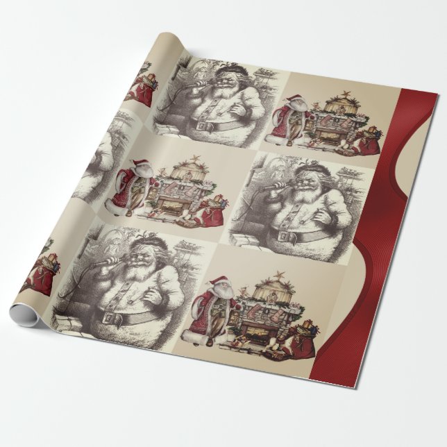 Singing Santa Vintage Collage Christmas Wrapping Paper (Unrolled)