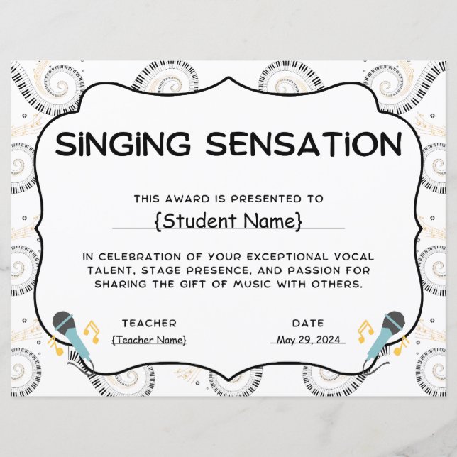 Singing Sensation Student Recognition Award (Front)