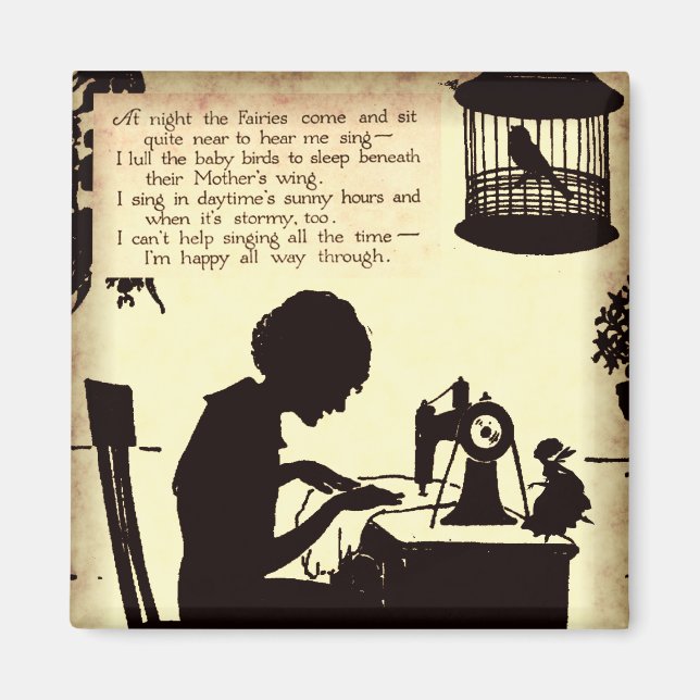 Singing Sewing Lady Vintage Fairy Poem Magnet (Front)