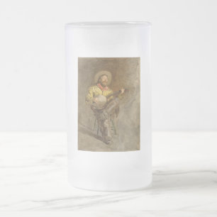 Singing Spanish Cowboy w Banjo Playing Trail Song Frosted Glass Beer Mug