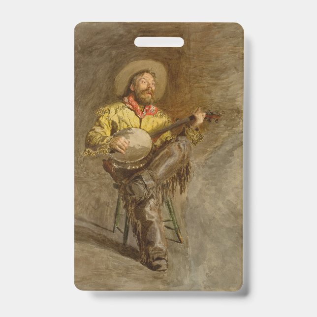 Singing Spanish Cowboy w Banjo Playing Trail Song ID Badge (Front)