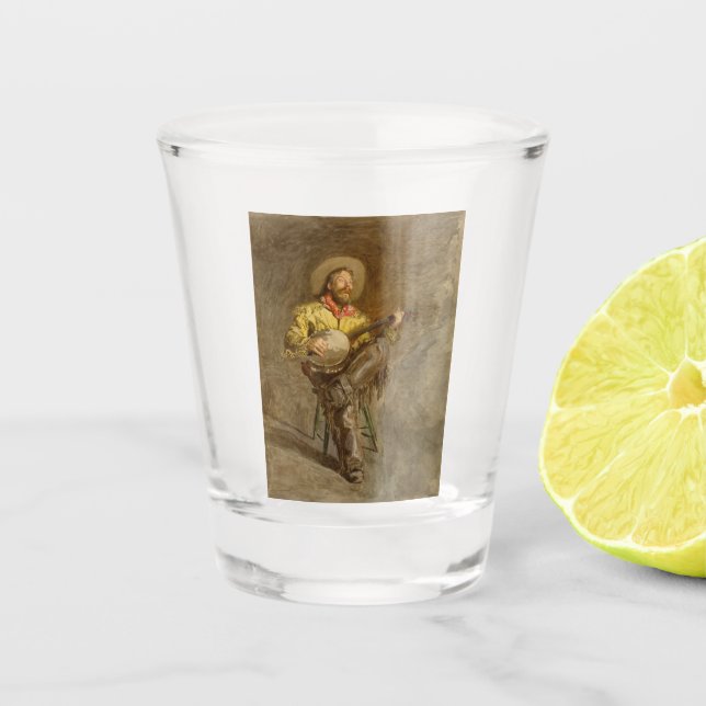 Singing Spanish Cowboy w Banjo Playing Trail Song Shot Glass (Front)