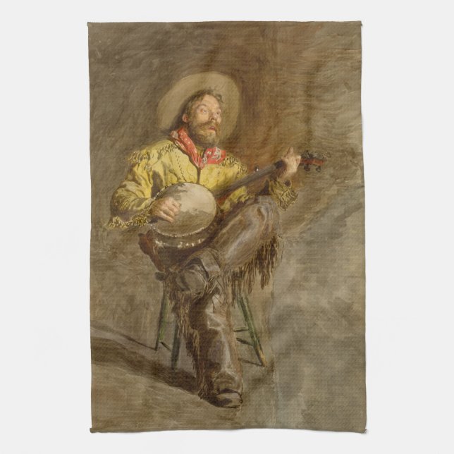 Singing Spanish Cowboy w Banjo Playing Trail Song Tea Towel (Vertical)