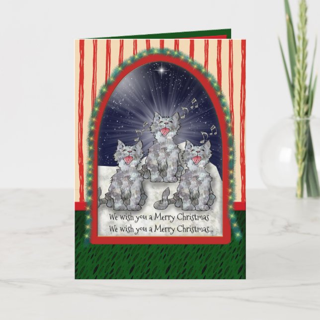 Singing Watercolor Christmas Cats Personalised Holiday Card (Front)
