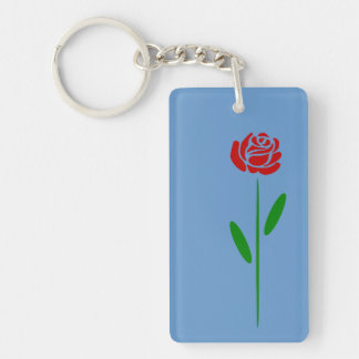 Single Art Deco Red Rose Green Leaves and Stem Key Ring