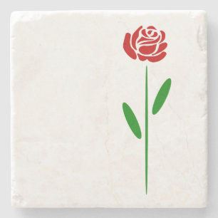 Single Art Deco Red Rose Green Leaves and Stem Stone Coaster