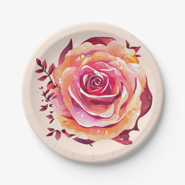 Single Beautiful Large Pink Rose Paper Plate (Front)