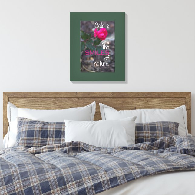 Single Bending Pink Rose Photograph, Green Border Canvas Print (Insitu(Bedroom))
