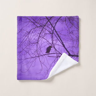 Single Black Crow Sitting in Tree Branches Purple Wash Cloth