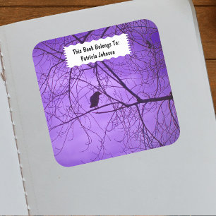 Single Black Silhouette Crow in Black Trees Purple Square Sticker
