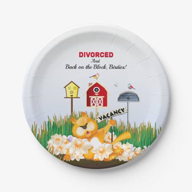 Single Cat Invites Birds | Divorce Party Paper Plate (Front)