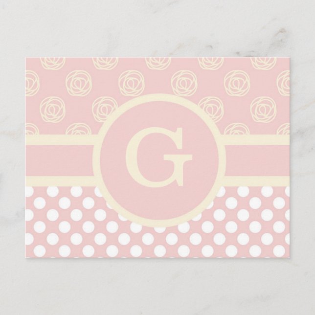 Single Custom Monogram Polka Dot and Roses Postcard (Front)