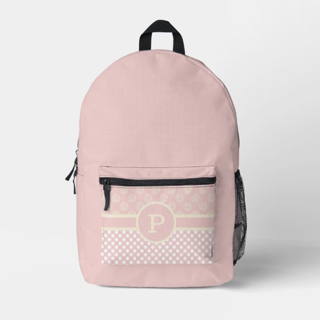 Single Custom Monogram Polka Dot and Roses  Printed Backpack (Front)