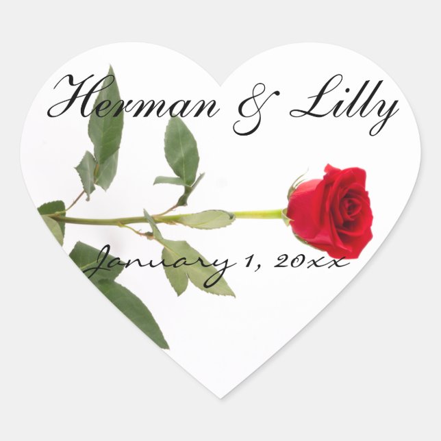 Single Elegant Long Stem Red Rose Personalised Heart Sticker (Front)