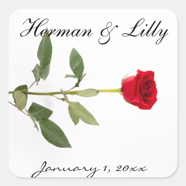 Single Elegant Long Stem Red Rose Personalised Square Sticker (Front)