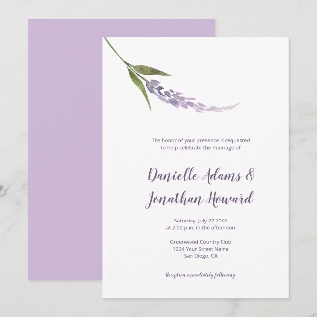 Single Flower Stem Purple Lavender Green Invitation (Front/Back)