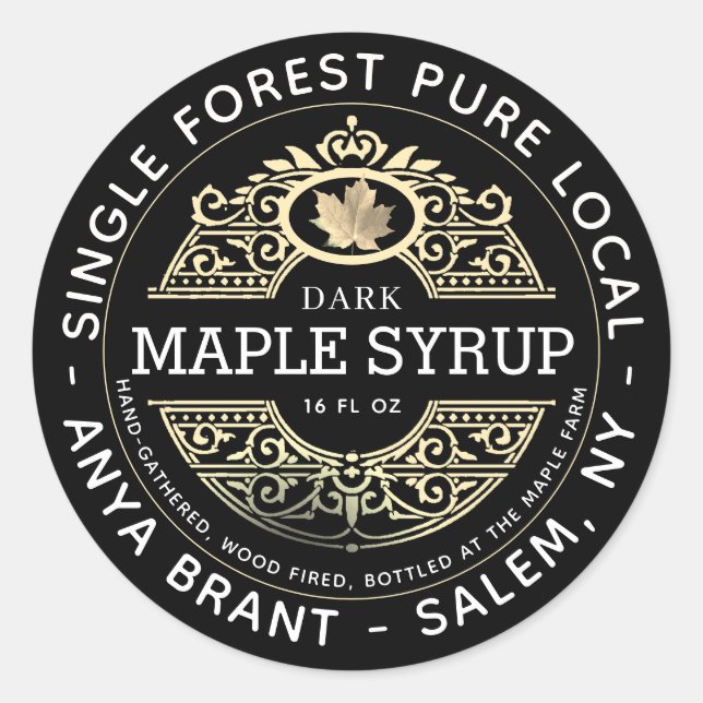 Single Forest Gold Leaf Ornate Maple Syrup Label (Front)
