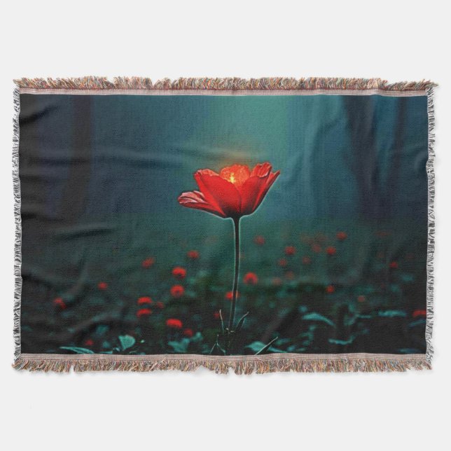 Single Glowing Red Flower Art Throw Blanket (Front)