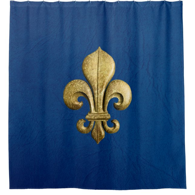 Single Gold Fleur De Lis on Blue Shower Curtain (Front)