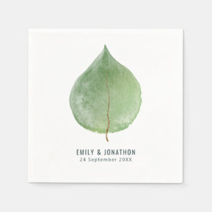 Single Green Eucalyptus Leaf Names Date Wedding Napkin