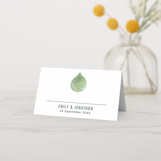 Single Green Eucalyptus Leaf Names Date Wedding Place Card (Front)