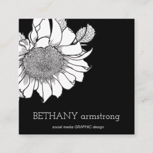Single Hand Drawn Sunflower Stem Black & White Square Business Card