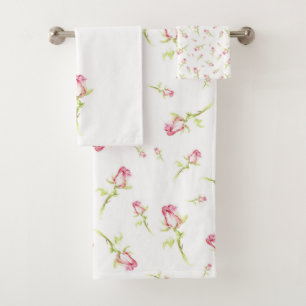 Single Hand Painted Watercolor Pink Red Rose Bath Towel Set