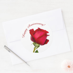 Single Happy Anniversary Red Rose Photo Template Classic Round Sticker