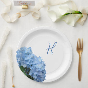 Single Initial Blue Floral Wedding Paper Plate
