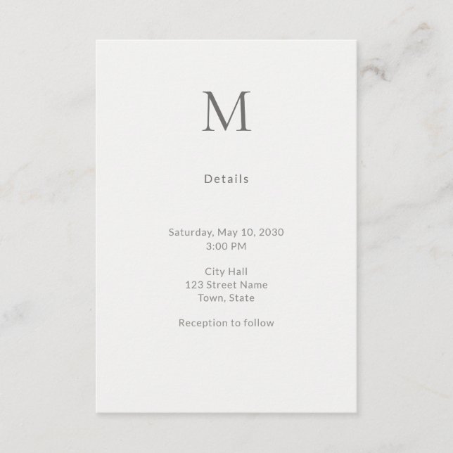 Single Initial Civil Wedding Details Card (Front)