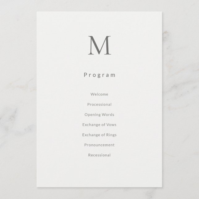 Single Initial Civil Wedding Program Card (Front)