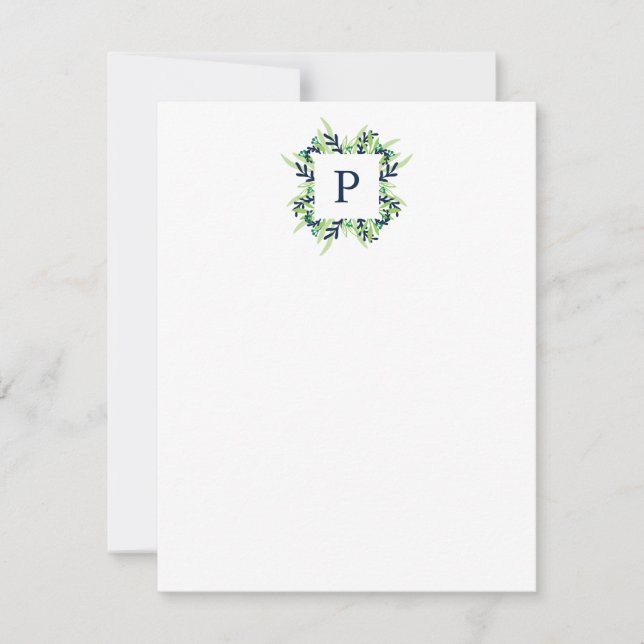 Single Initial Floral Monogram Stationery Card (Front)