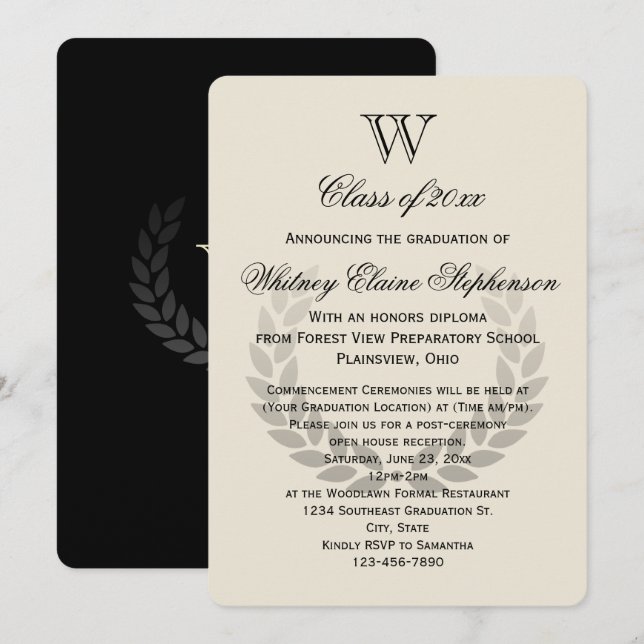 Single Letter Monogram Classic College Graduation Invitation (Front/Back)