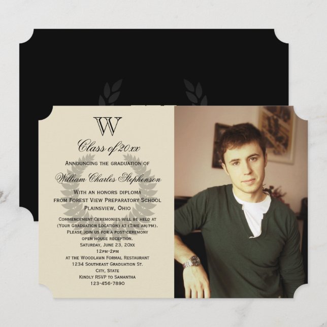 Single Letter Monogram Classic Photo Graduation Invitation (Front/Back)