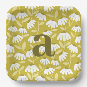 Single Letter Monogram Olive Green Floral Pattern Paper Plate