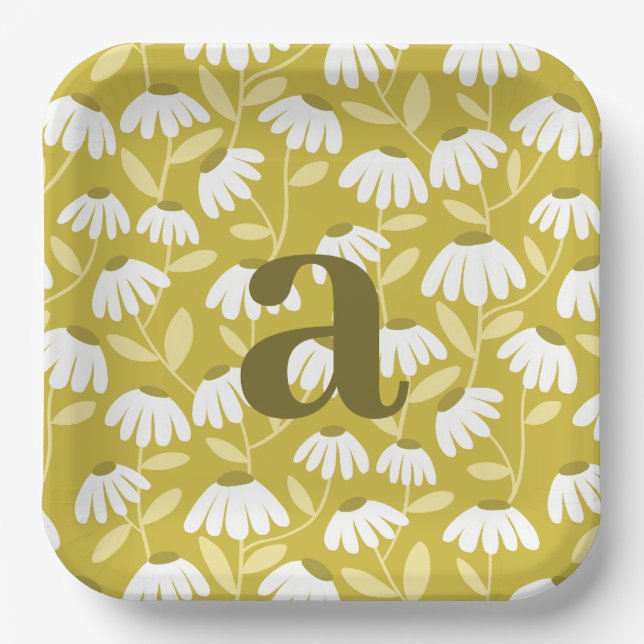 Single Letter Monogram Olive Green Floral Pattern Paper Plate (Front)
