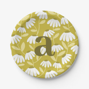 Single Letter Monogram Olive Green Floral Pattern Paper Plate