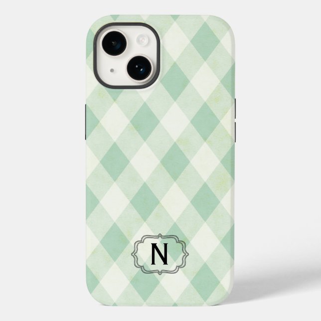 Single Monogram Framed on Mint and Green Gingham Case-Mate iPhone Case (Back)