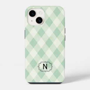Single Monogram Framed on Mint and Green Gingham iPhone 14 Case