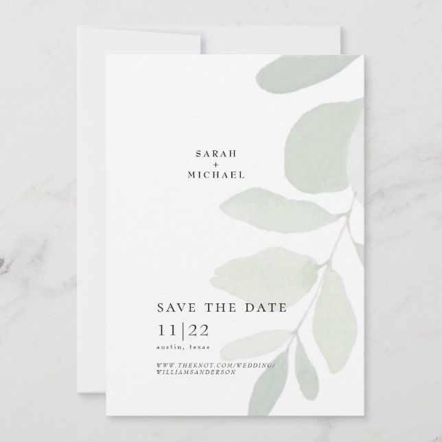 Single Muted Eucalyptus Stem Simple Save The Date (Front)