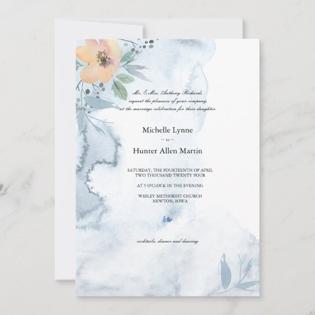 Single Peach Rose and Dusty Blue 2 Wedding Invitation (Front)