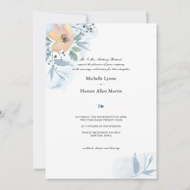 Single Peach Rose and Dusty Blue Wedding Invitation (Front)
