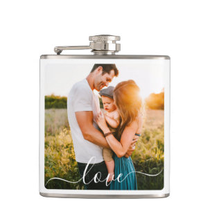 Single Photo Cursive Love Text White Hip Flask