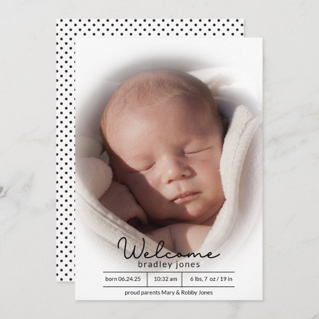 Single Photo Cute Typography Baby Birth Announcement (Front/Back)