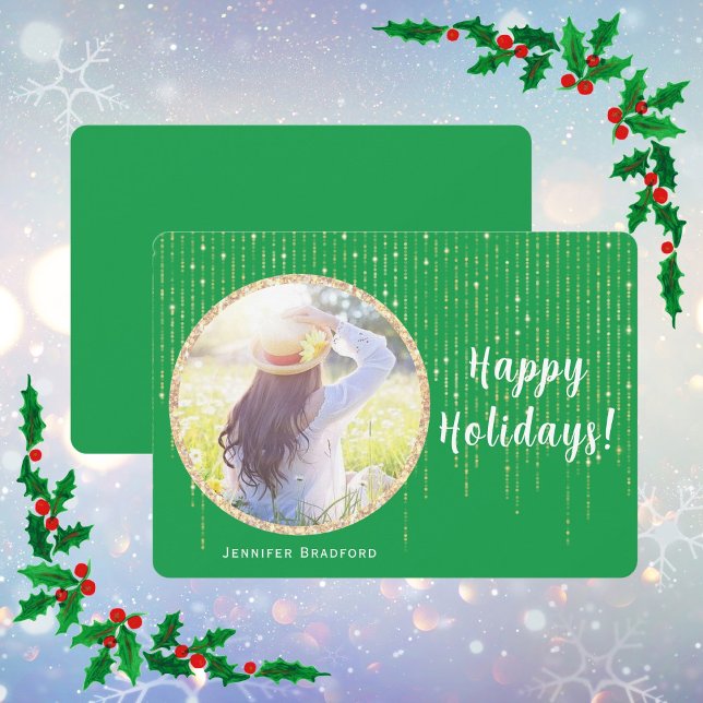 Single Photo Green  Happy Holidays Gold Glitter Holiday Card (Happy Holidays Single Photo Green Holiday Card)